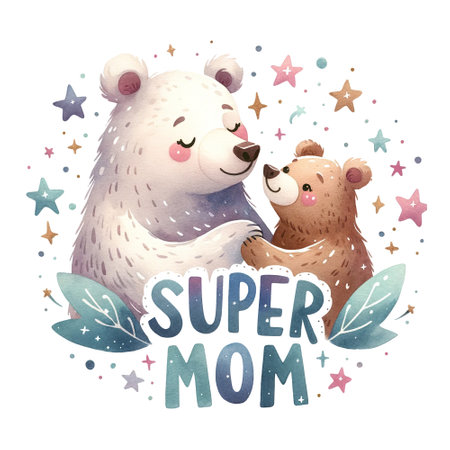Mother bear hugging cub with Super Mom textの素材