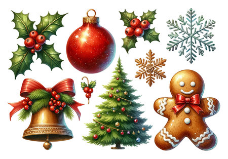 Collection of classic Christmas symbols, holly, bauble, bell, gingerbread man, snowflakesの素材