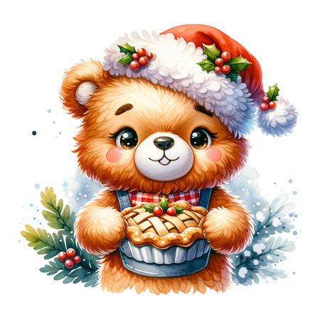 Bear in a Santa hat with a pie, apron, and holly decorationの素材