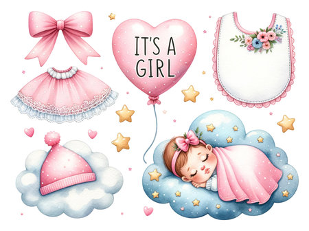 Baby shower clipart set with It's a girl balloonの素材