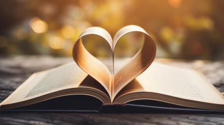 Open book on a wooden table with pages forming a heart shape against a sunny backdropの素材