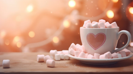 A cup of hot chocolate filled with heart-shaped marshmallows on a wooden tableの素材