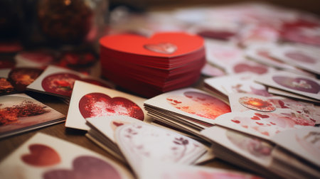 A stack of Valentine's Day cards and a red heart-shaped box on a wooden surfaceの素材