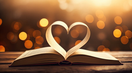 An open book with pages folded into a heart shape against a bokeh light backgroundの素材