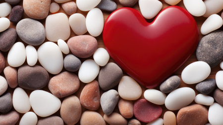 A shiny red heart stone centered among smooth multicolored pebblesの素材