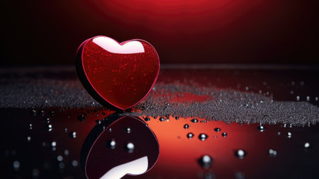 A glossy heart with water droplets on a reflective red and black surfaceの素材