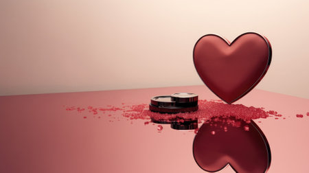 A reflective surface with a heart-shaped object and scattered pink particlesの素材