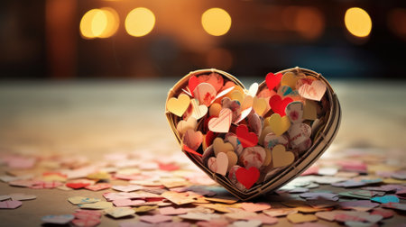 A heart-shaped box spilling over with colorful paper heartsの素材