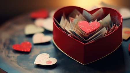 A red heart-shaped box overflowing with love notes on a tableの素材