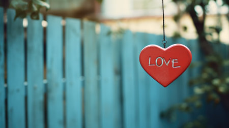 A red heart with 'LOVE' written on it, suspended against a turquoise fenceの素材