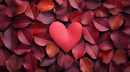 A red heart surrounded by dark red leaves on a black backgroundの素材
