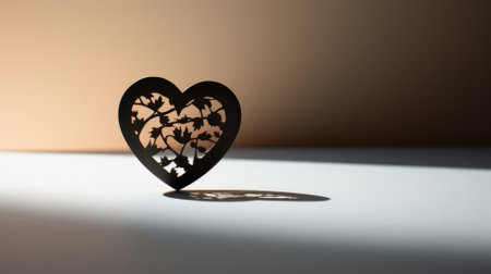 A heart-shaped silhouette with intricate cut-out designs casting a shadow on a beige surfaceの素材