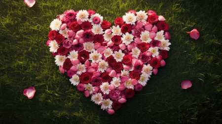 A heart made of red and pink roses on green grass, with petals scatteredの素材