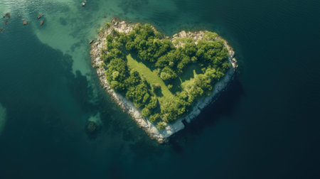 Aerial view of a heart-shaped island surrounded by clear blue watersの素材