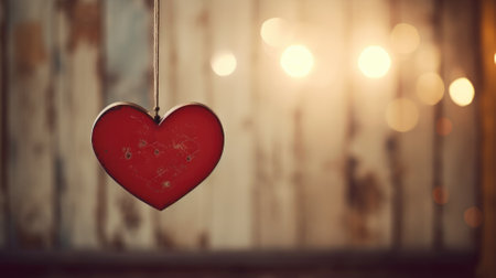 A red heart ornament with a weathered texture hangs in front of a blurred light backdropの素材