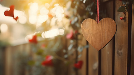 A wooden heart decoration hangs on a string with a bokeh backgroundの素材
