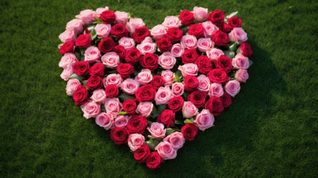 A heart shape created with red and pink roses on green grassの素材