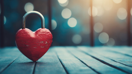 A red heart-shaped lock on a wooden surface with bokeh lights in the backgroundの素材
