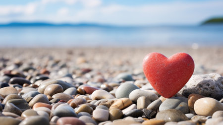 A vibrant red heart-shaped stone stands out against the multicolored pebbles of a beachの素材