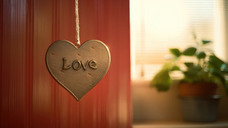 A heart-shaped sign with 'Love' inscribed, hung against a red backdropの素材