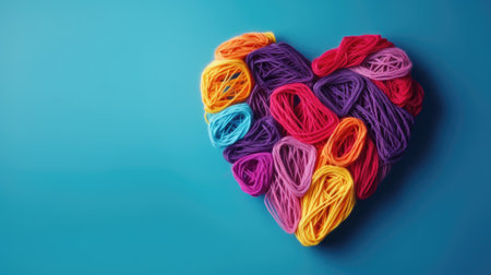 A vibrant heart composed of various colorful yarn loops on a teal backgroundの素材