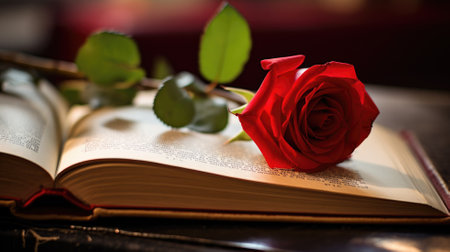 A vibrant red rose rests on the pages of an open bookの素材