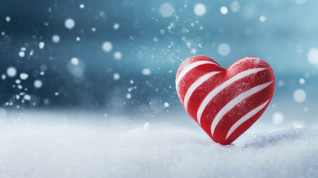 A red and white striped heart in a snowy winter settingの素材