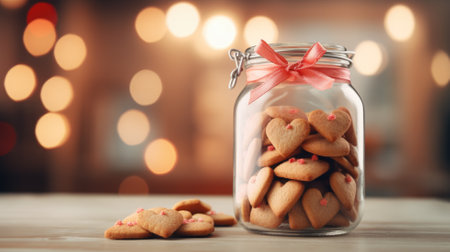 Heart-shaped cookies in a glass jar tied with a red ribbon against a bokeh light backgroundの素材