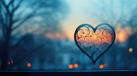 Silhouette of an intricate heart against a sunset and foggy windowの素材