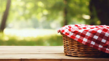 A picnic basket covered with a red and white checkered cloth on a wooden tableの素材