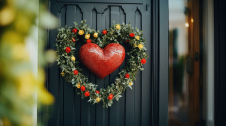 A festive heart-shaped wreath with red flowers and green leaves framing a large red heartの素材