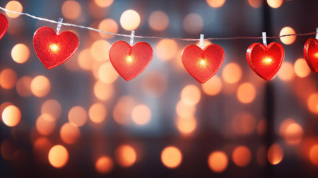 Heart-shaped lights glowing warmly against a bokeh light backgroundの素材