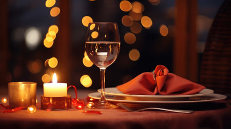 A candlelit table with a wine glass, candles, and roses creating a romantic settingの素材