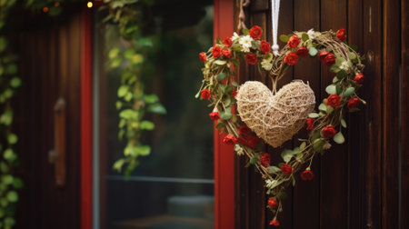 A decorative heart-shaped wreath adorned with red flowers and a white lattice heart, hanging on a wooden doorの素材