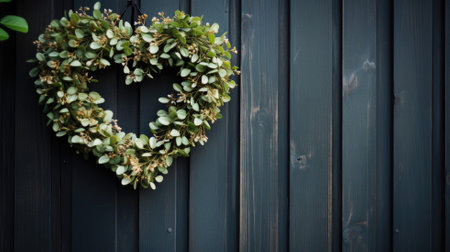 A floral heart-shaped wreath hangs on a dark wooden fenceの素材