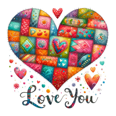 Colorful patchwork heart with a script "Love You" belowの素材