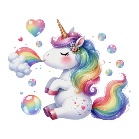 Unicorn blowing a rainbow from a cloud among heart-shaped bubblesの素材