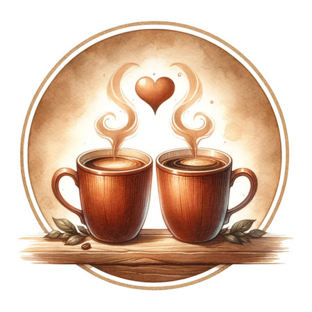 Two steaming cups of coffee with a heart-shaped vapor trailの素材