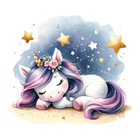 A sleeping unicorn with a night sky backdrop, adorned with golden starsの素材