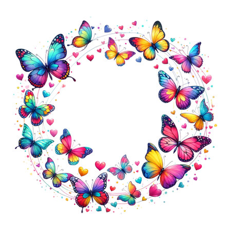 Colorful butterflies forming a circular frame with heartsの素材