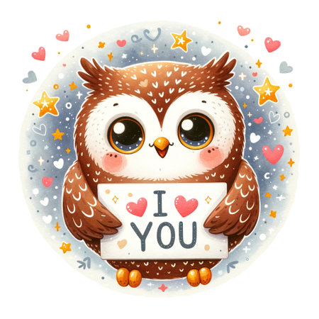 Adorable owl holding a sign I love you surrounded by hearts and stars.の素材