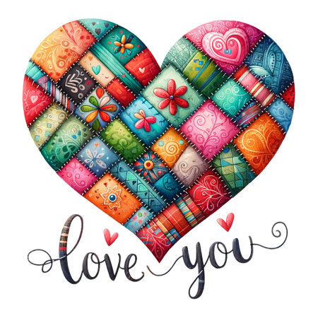 Patchwork heart with a "love you" script, featuring vibrant patterns and texturesの素材