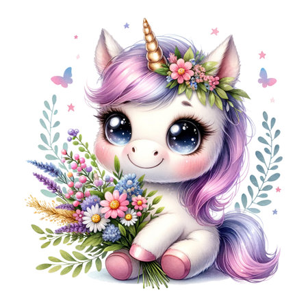 Smiling unicorn holding a bouquet of wildflowers, surrounded by butterfliesの素材