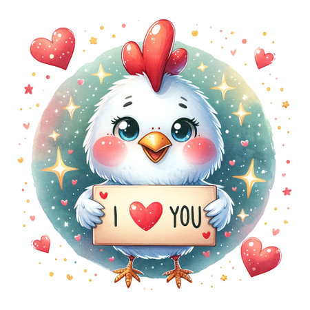 Cute chicken holding a "I Love You" sign with hearts and stars aroundの素材