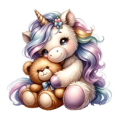 Cuddly unicorn hugging a bear with sparkle maneの素材