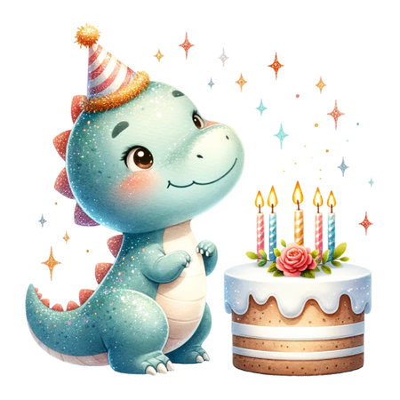 Cartoon dinosaur with a birthday cake and candlesの素材
