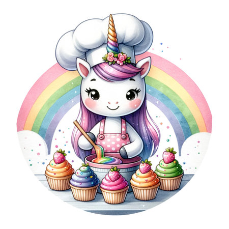 Unicorn chef decorating cupcakes under a rainbow archの素材