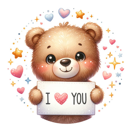 Cute bear holding a sign saying "I Love You" surrounded by hearts and starsの素材