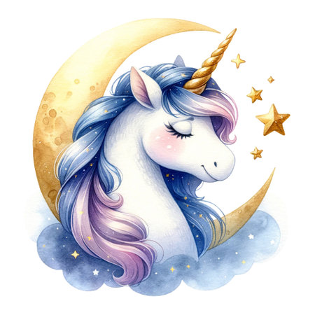 A unicorn resting on a crescent moon with stars around, conveying a sense of peaceの素材