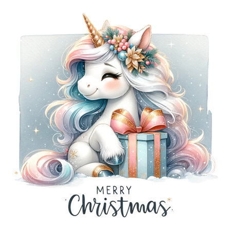 A unicorn with a gift and "Merry Christmas" phraseの素材
